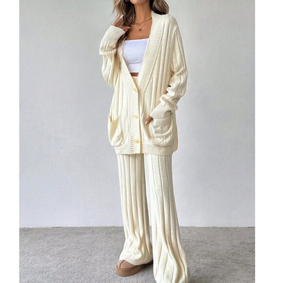 2pcs Women Sbutton down Long Sleeve Cardigan & Knitted Pants Set - Picture 3 of 6